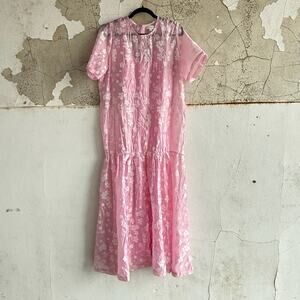 Sheer Pink Embroidered Dropwaist Midi Dress Coquette Fairycore Size S
